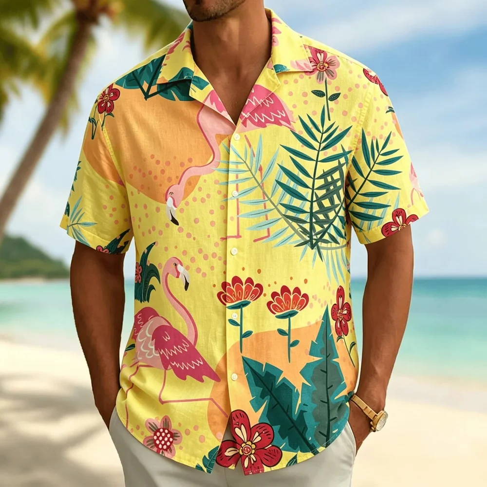 Vintage Hawaiian Floral Shirt - Herren-T-Shirt mit tropischem Flamingo-Muster, kurzärmelig, lässiger